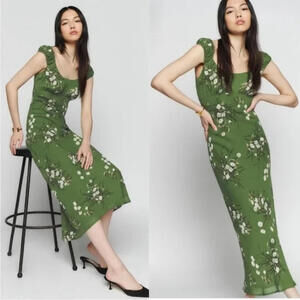 NEW, Reformation Demy Floral-Print Georgette Midi Dress in Green Sz M #MD1426